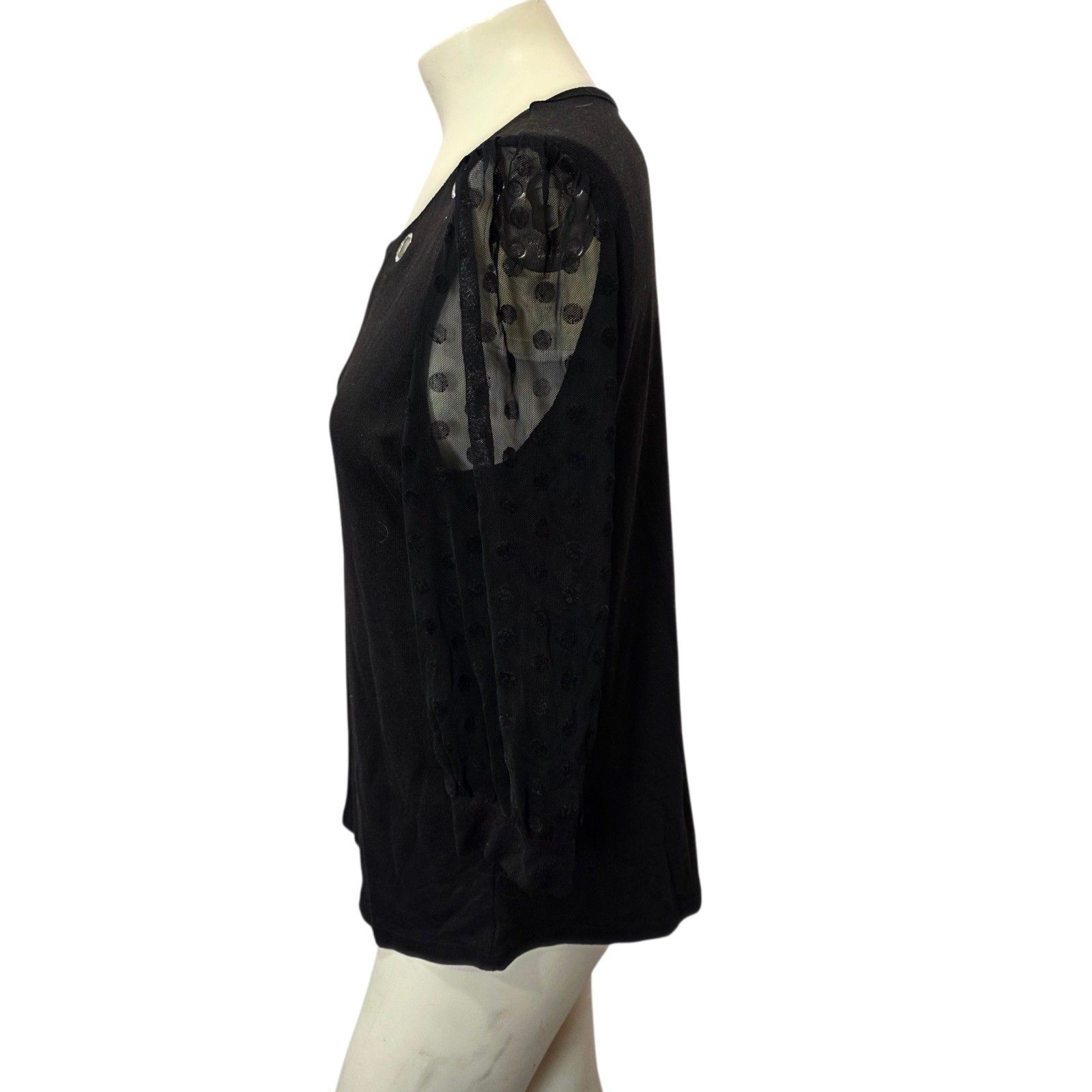 89th + Madison Womens L Black Mesh Swiss Dot Sleeve Grommet Neck Knit Top Euc — image 2 of 4
